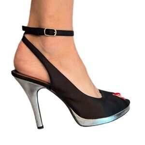 Diba | SELMA Black Satin and Silver Peep-Toe Ankle Strap Heels